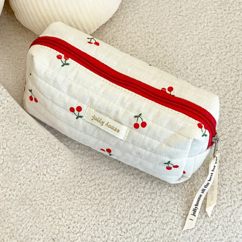 Quilted Cotton Ladies Travel Storage Bag Retro Cherry Women\'s Cosmetic Bags Cute Design Girls Pencil Case Makeup Bag Handbags