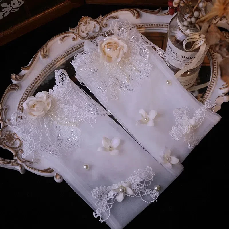 أنيقة الترتر الدانتيل زهرة المرأة الزفاف قفازات طويلة فساتين الزفاف الإناث كامل فنجر قفازات شبكية اكسسوارات اليد