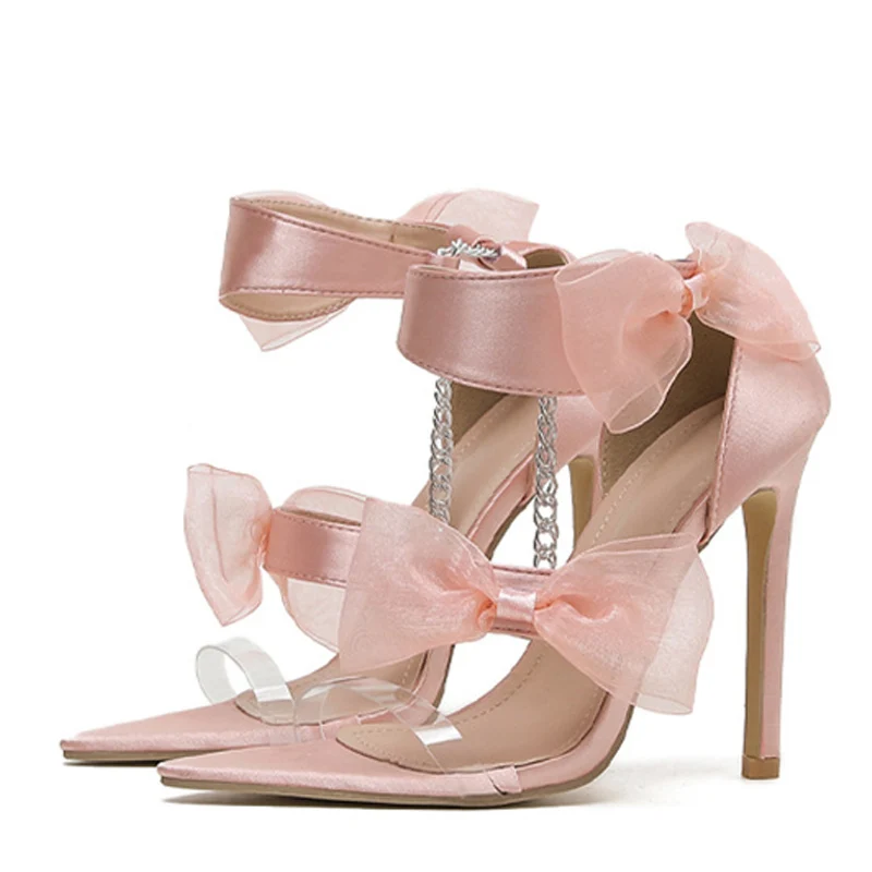 

2023 New Pink Silk Butterfly-Knot Womens Wedding Sandals Fashion Pointed Open Toe Ankle Cover Heel Stiletto Shoes Ladies