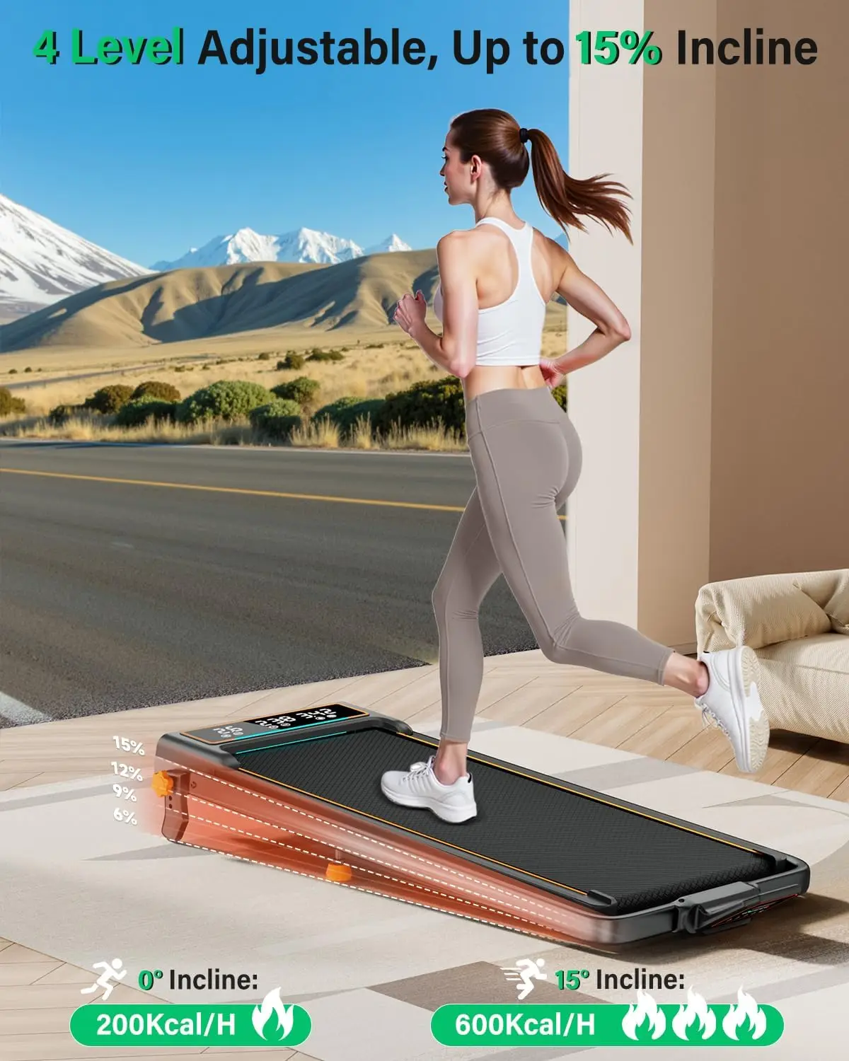 Portable Foldable Walking Pad Treadmill with 15% Incline, 4-Level Adjustable Incline, Handle Bar, Dual Display, RGB Light, 3.5HP Motor, 350lb Capacity - Perfect for Small Home