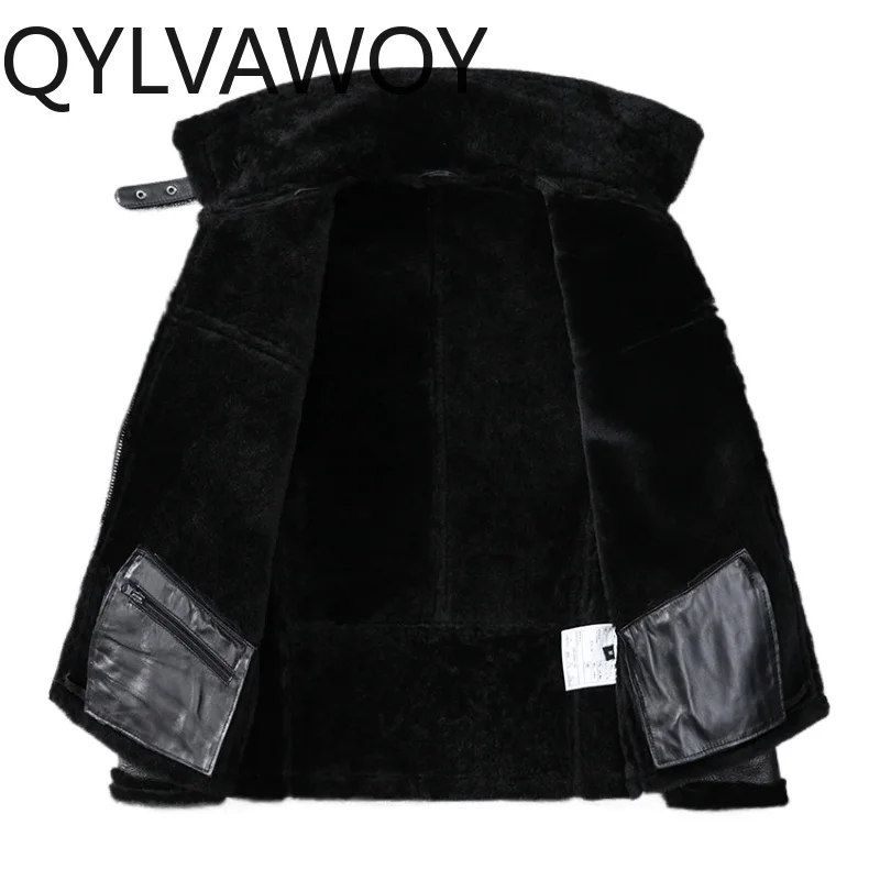 QYLVAWOY Classic Genuine Sheepskin Leather Jacket Men Real Fur Coat Man High Quality Vintage Warm Lamb Fur Coats Lapel Collar