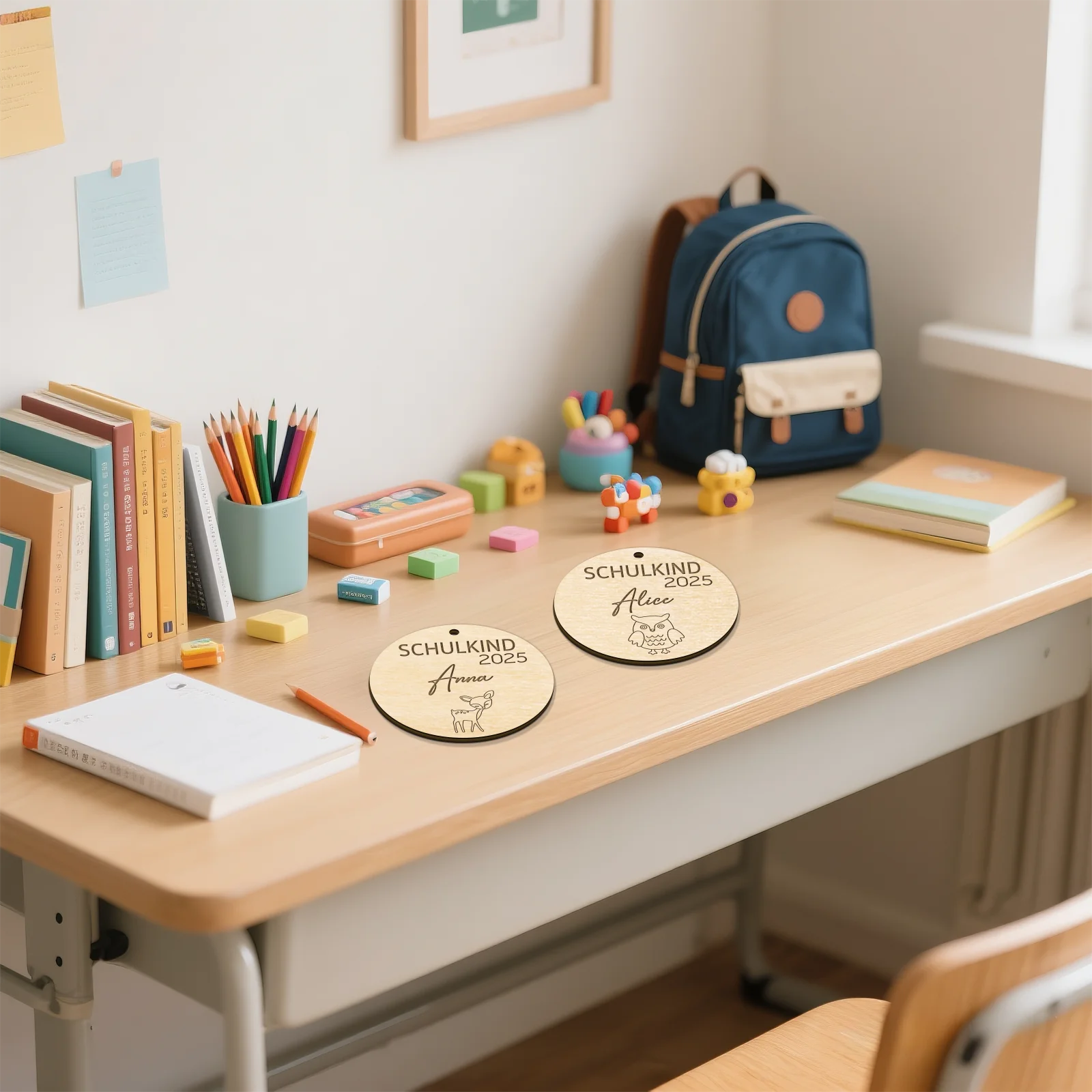 

Personalized School Cone Pendant - 7cm Round Wooden Tag with Animal Designs, Custom Name & Year, Gift for School Enrollment