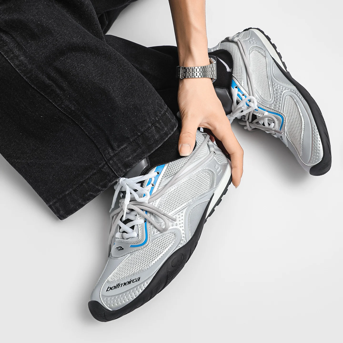 Men's Silver Grey Mesh Sneakers Breathable Lightweight Running Shoes Blue Accents Casual Sport Trainers Comfortable Walking Shoe