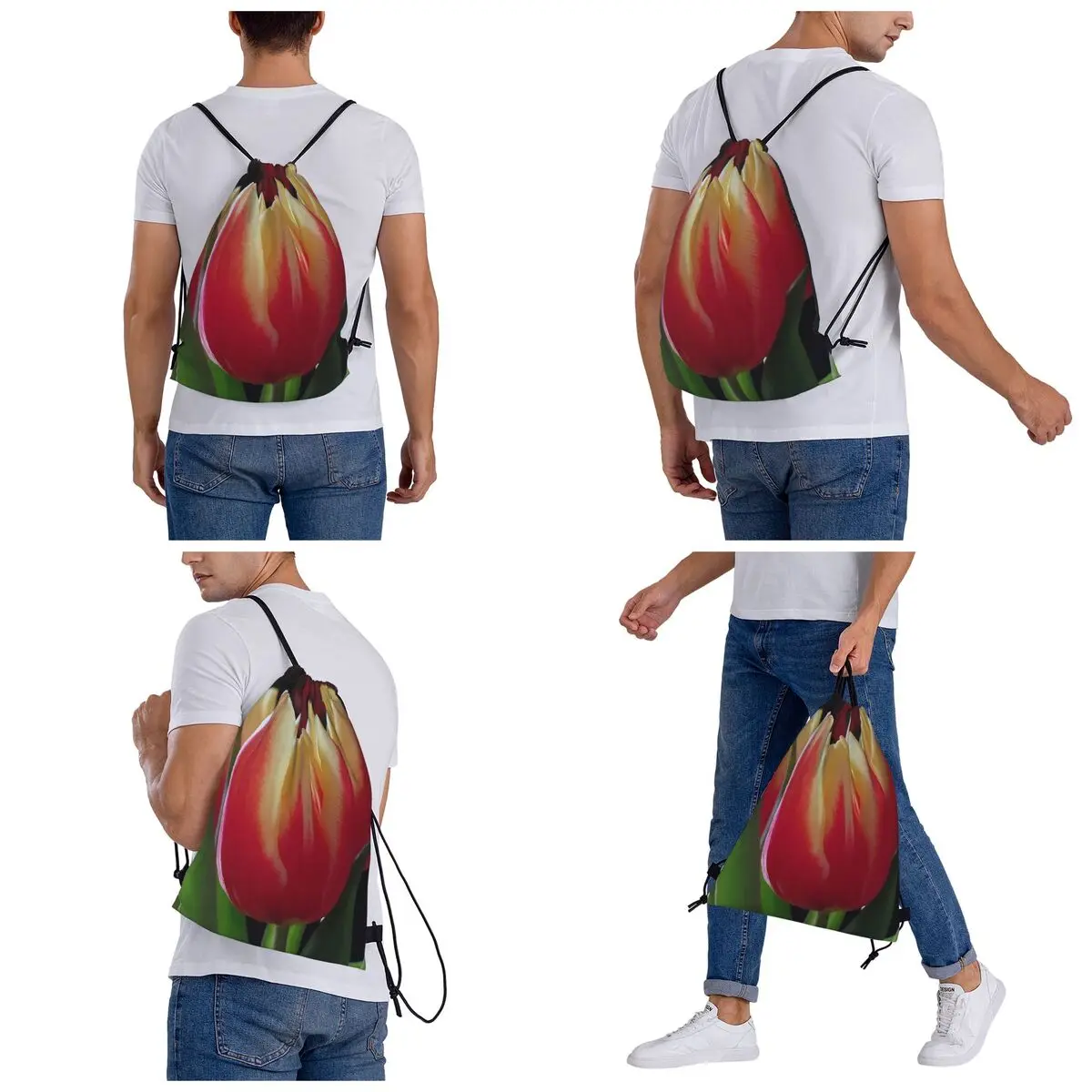 Red And Yellow Tulip Backpacks Portable Drawstring Bundle Pocket Sports Bag Book Bags for Man Woman Students