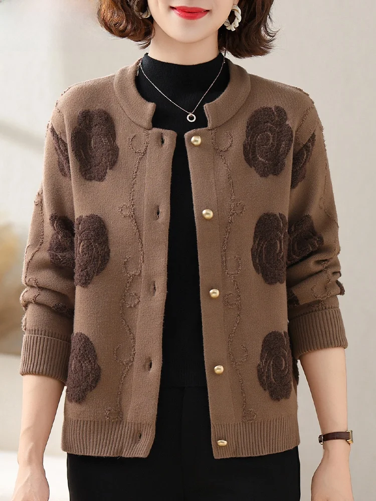 

Модный вязаный осенний кардиган для женщин среднего возраста, повседневный свитер свободного кроя, весенне-осенний топ для мам