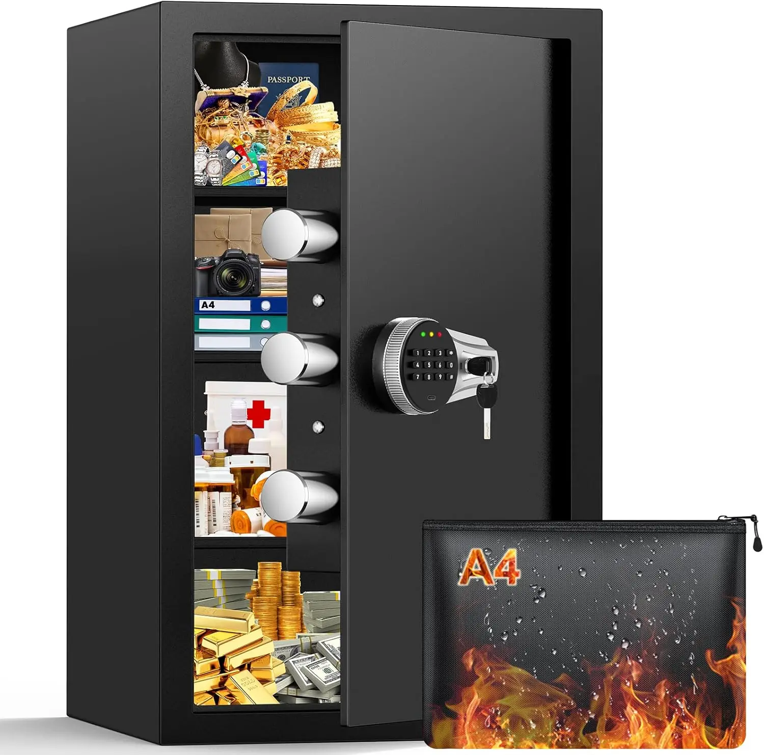 

Большой огнестойкий сейф 6,0 куб. футов, домашние сейфы, водонепроницаемый и огнестойкий, сейф с программируемой клавиатурой и съемными полками, светодиодная подсветка