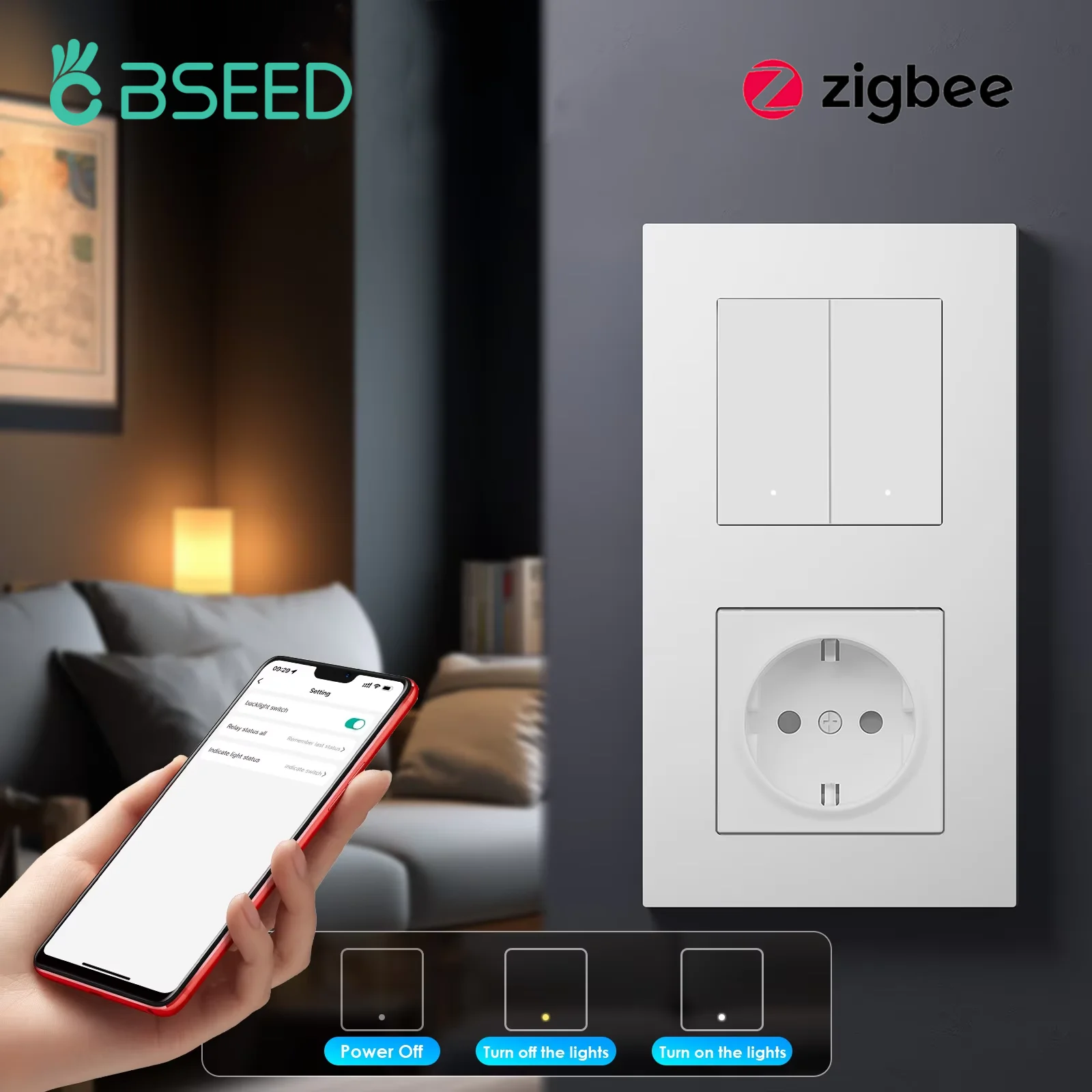 

BSEED Zigbee 1/2/3/4Gang Tuya Интеллектуальные кнопочные переключатели 1/2/3Way Plus Розетка европейского стандарта Мощность 20 Вт Тип-c USB-порты Матовые пластиковые панели