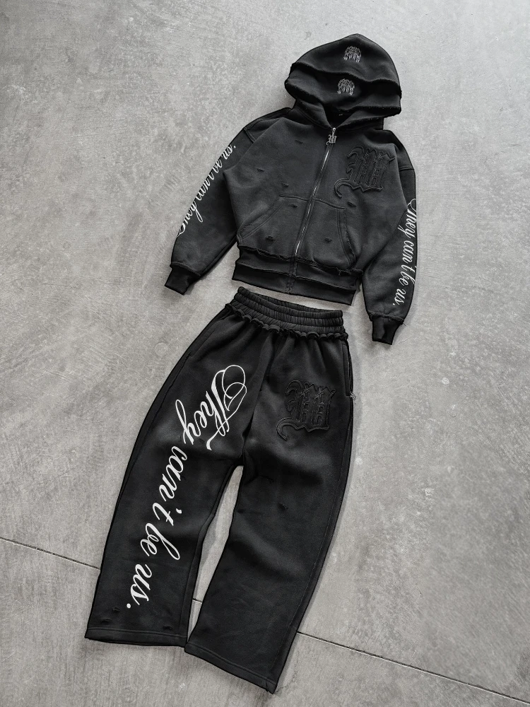 2 pçs outerwear co-ords y2k carta moletom angustiado retalhos bordado capuz duplo agasalho streetwear unisex conjunto baggy