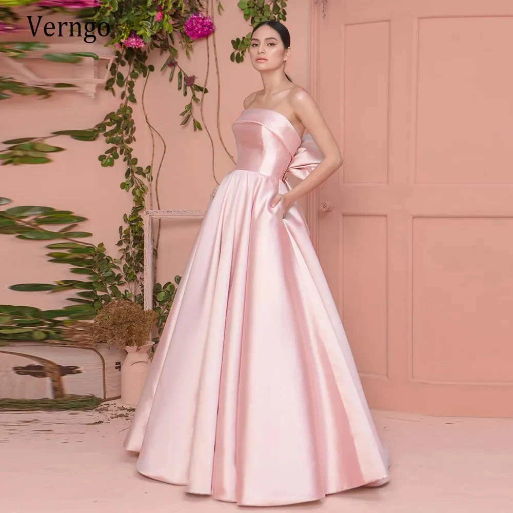 

Flora Dress Simple Boat Neck Pink Satin Evening Dresses Off Shoulder Strapless Big Bow Backless Formal Porm Party Gowns 2023