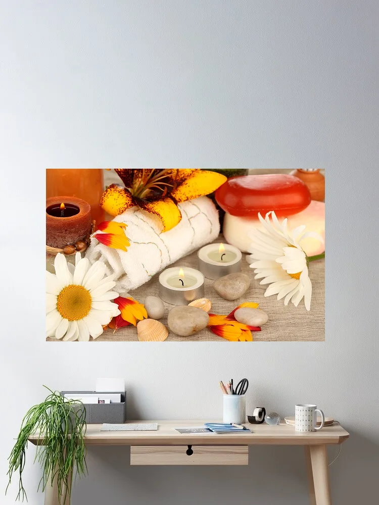 

Spa arrangement with candles, flowers, soap, and towel, Art Print Canvas Poster, Living Room Decor, Home Wall Picture