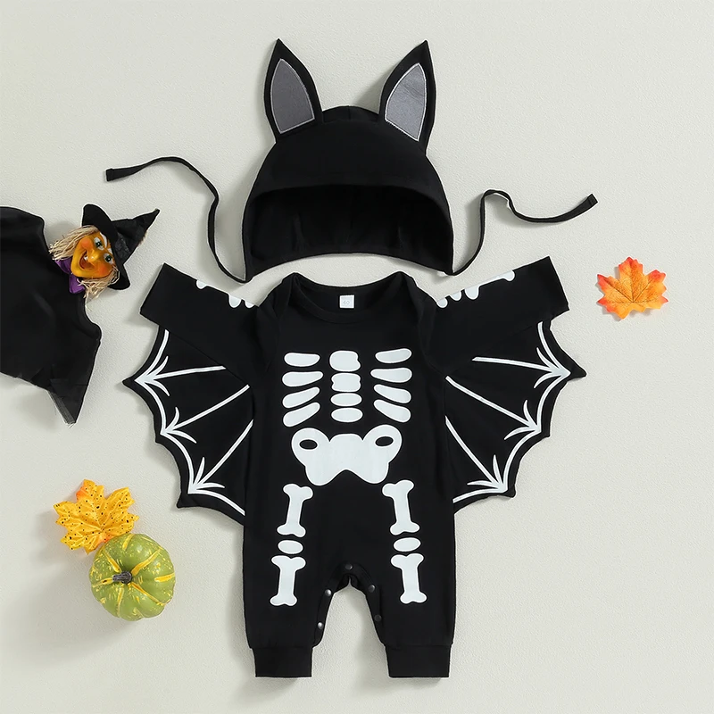 Baby Halloween Outfit Long Sleeve Crew Neck Skeleton Print Bat Jumpsuit with Hat for Girls Boys