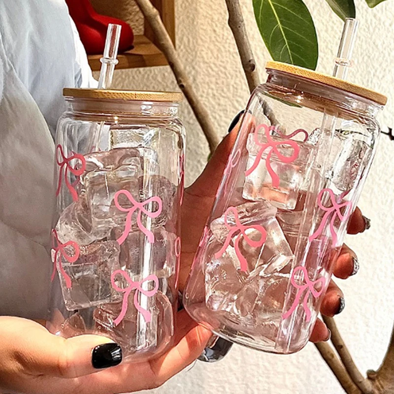 1pc 500ml Nette Rosa Bogen Glas Tasse Trinken Stroh Mädchen Schöne Wasser Flasche Mit Bambus Deckel Eiskaffee Gläser getränke Saft Tassen