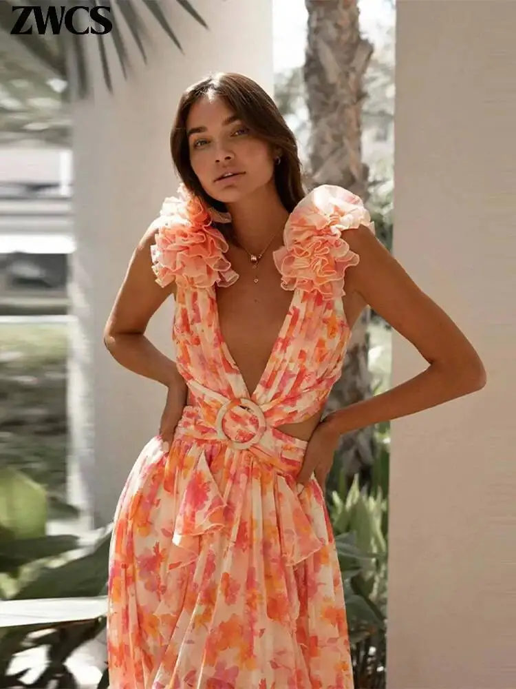 

Print Ruffles Hollow Out Long Dresses Women's Sexy Backless Sleeveless Lace-Up High Waist Split Dress 2025 New Lady Beach Robes