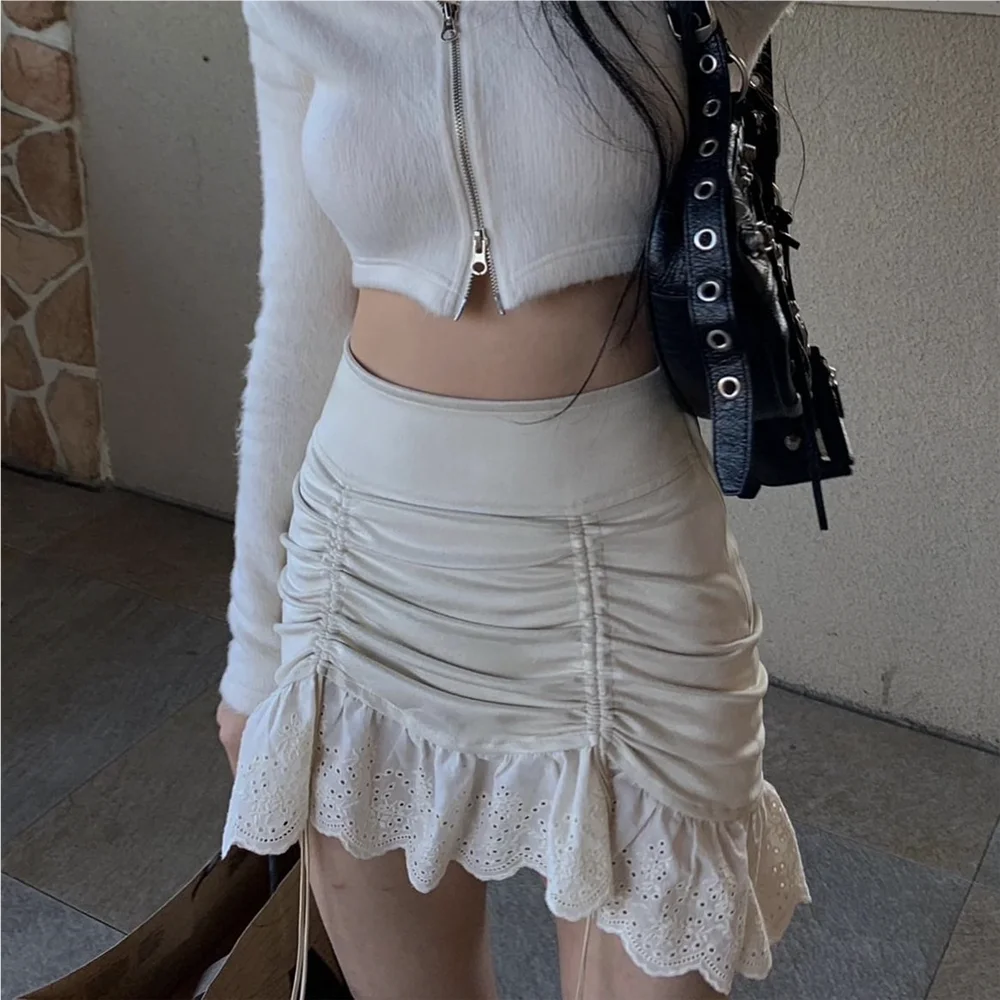 

Black mini skirts for women 2023 Summer kawaii skirt y2k clothes streetwear women korean fashion lace skirt ruched kawaii