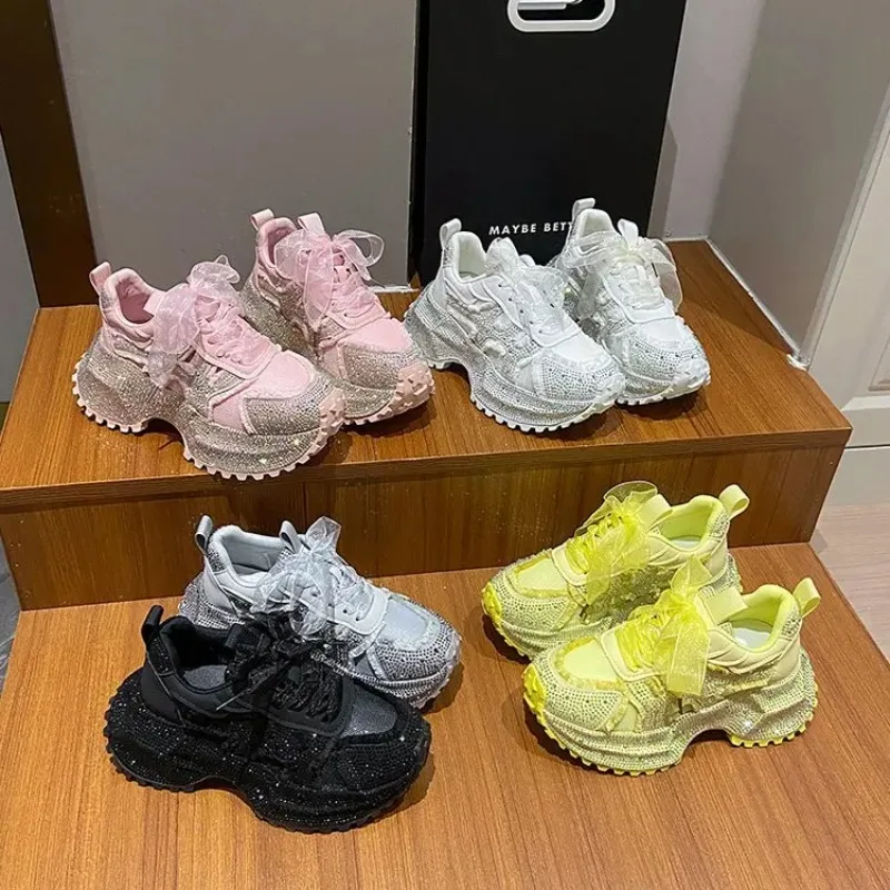 Women Shiny Rhinestones Shoes Four Seasons Casual Sneakers Women Stylish Sport Shoes Lace-Up Platform Luxury Shoes zapatos mujer