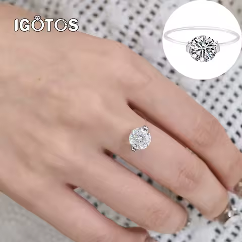 IGOTOS Transparent Fishing Line Moissanite Ring Certified S925 Sterling Silver Round Diamond Ring Wedding Band Jewelry for Women