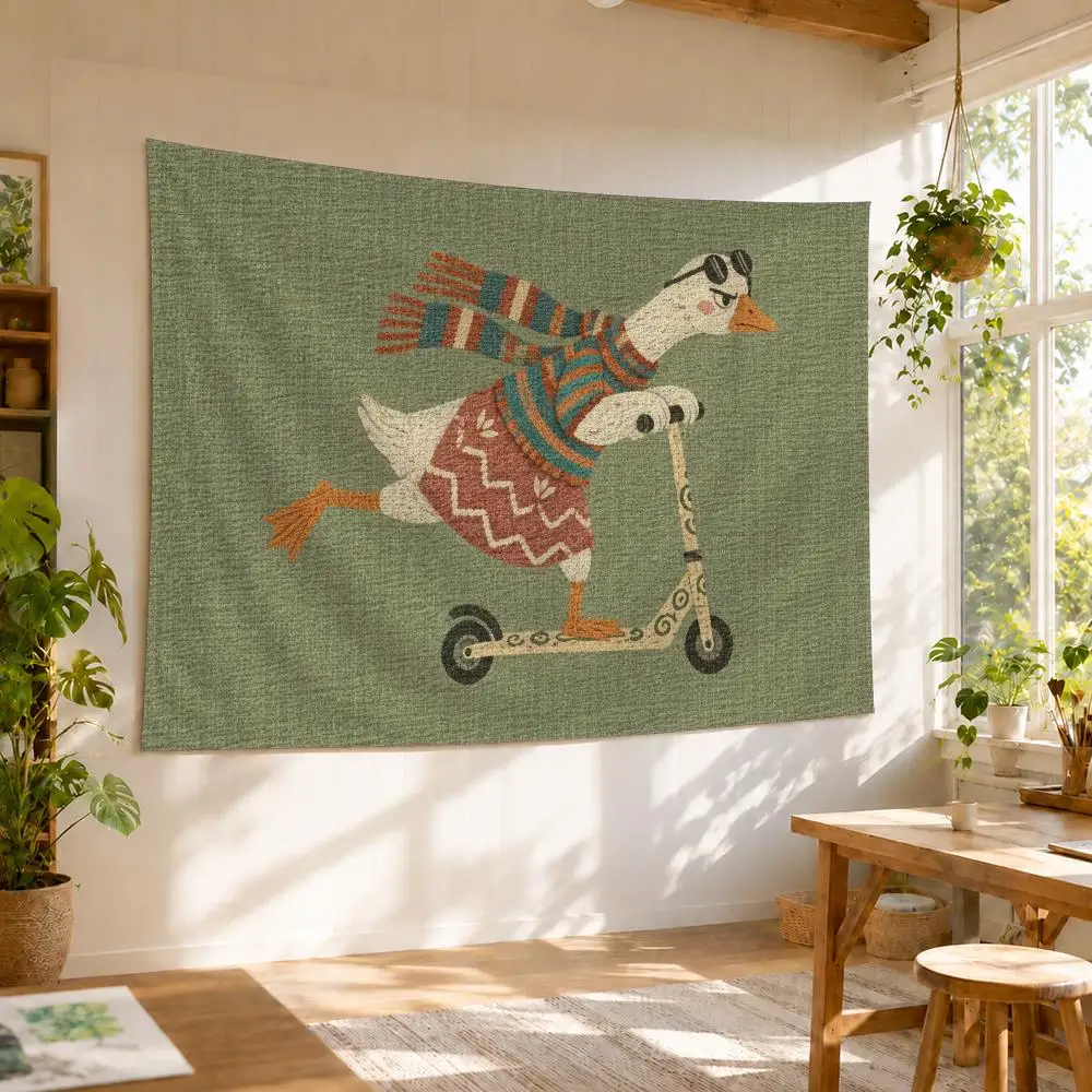 Whimsical Goose Scooter Tapestry Durable Soft Microfiber Horizontal Wall Hanging Decor For Bedroom Patio Garden Parties