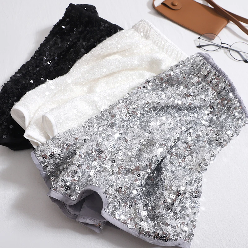 Bright Sequin Shorts Women Summer 2025 New Fashion Sequined Shorts A-line Silver Shiny Short Pants