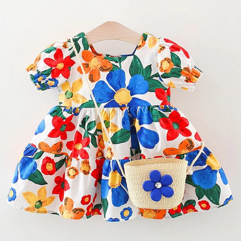 

2Piece Baby Clothing Set Summer Dress For Girls Clothes Korean Fashion Big Flowers Short Sleeve Cotton Toddler Dresses+Bag BC339