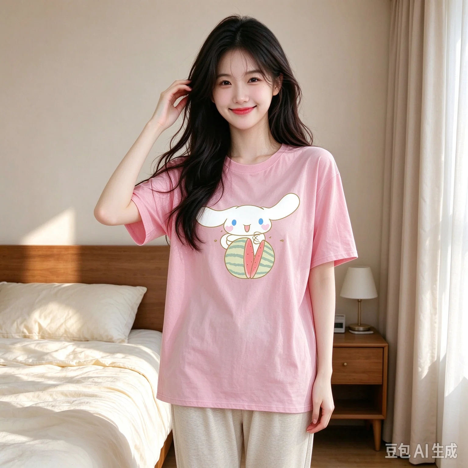 Women Cinnamoroll Watermelon Print T Shirt Summer Short Sleeve Tee Casual Homewear Oversized T-shirt Girls Kawaii Cartoon Top