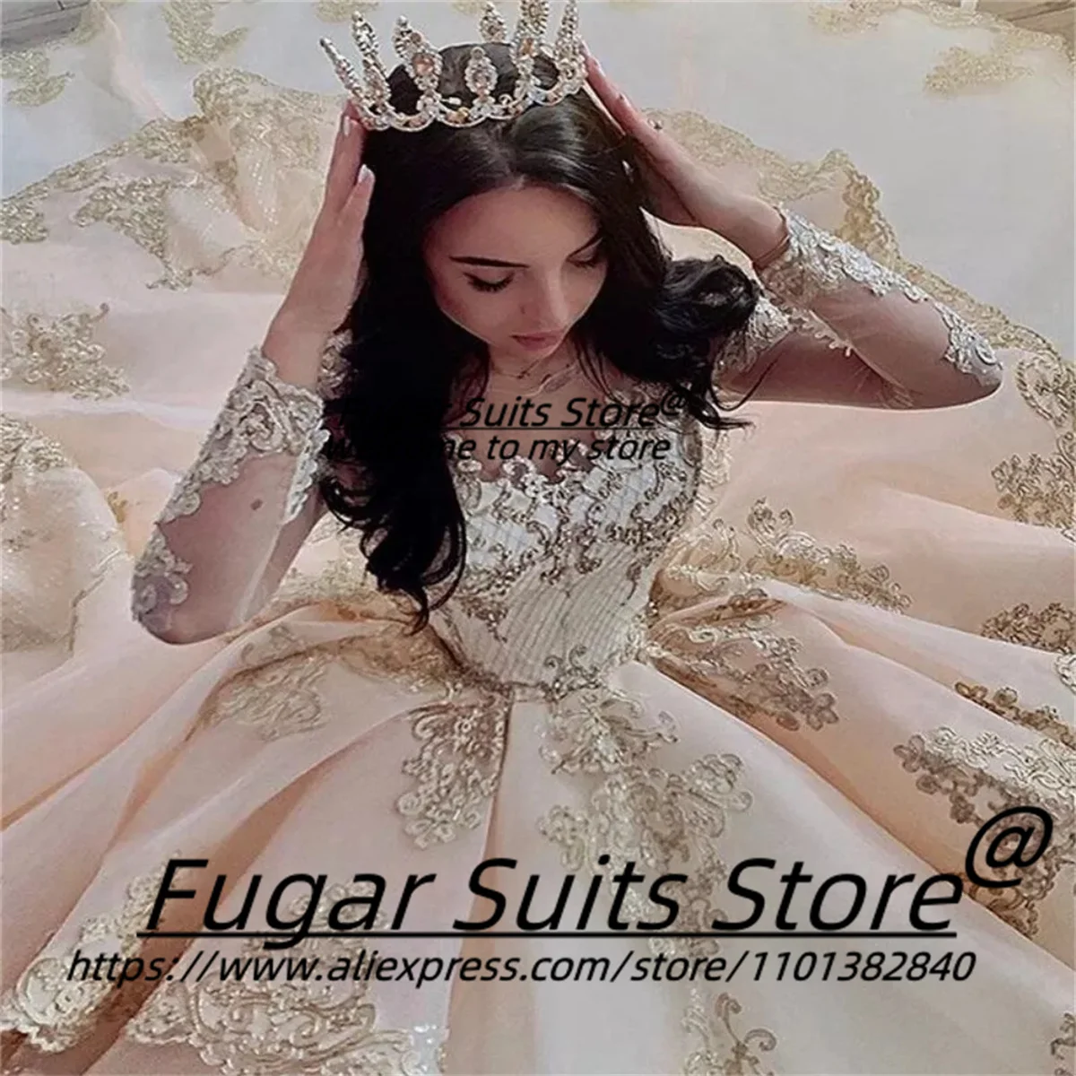 Luxuly High-end Gold Appliques Shiny Sequins Quinceanera Dresses Prom Party Long Sleeves vestidos 15 años quinceañera