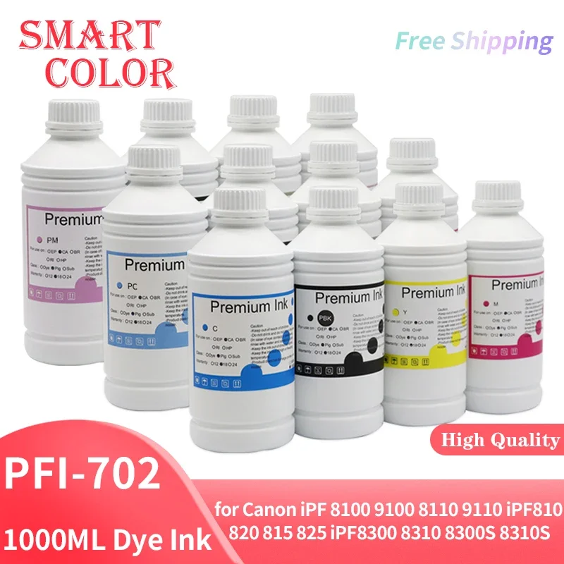 1000ML PFI-702 PFI-703 PFI-704 Dye Ink for Canon iPF 8100 9100 8110 9110 iPF810 820 815 825 iPF8300 8310 8300S 8310S Printer Ink