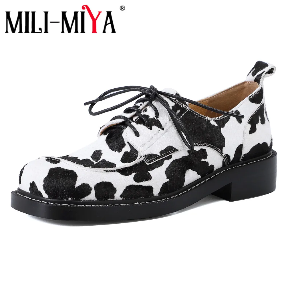 

MILI-MIYA New Arrival Concise Lace Up Women Cow Leather Horse Hair Pumps Thick Heels Round Toe Casual Street Mixed Color Shoes