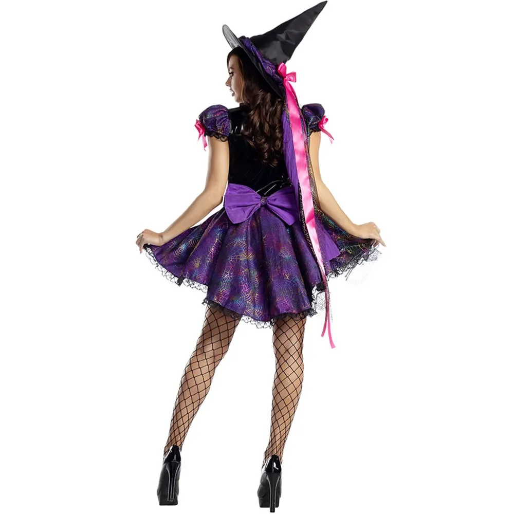 Gothic Volwassen Sexy Dame Paars Elegant Heksenkostuum Halloween Carnaval Fantasia Cosplay Dresse Met Hoedenpak