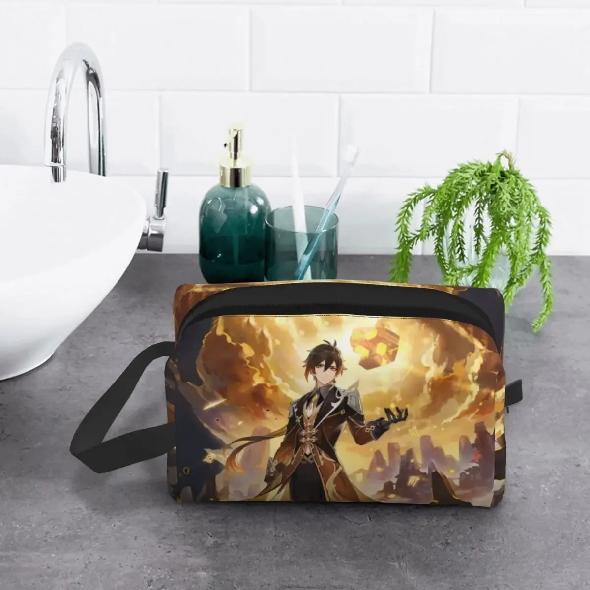 Zhongli Genshin Impact Borsa per il trucco per le donne Organizzatore cosmetico da viaggio Moda Giappone Anime Borse da toilette per riporre giochi