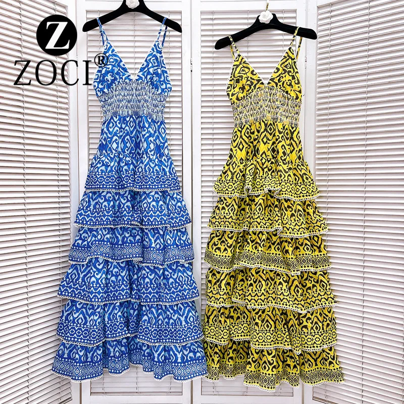 [zoci] Women South Oil Bohemian Design Sensual Printed V-neck Ruffle Slim Fit Strap Long Dress