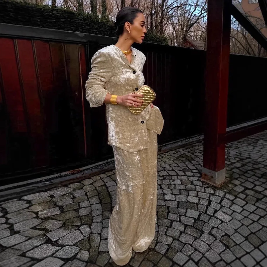 

Бархатное осеннее женское комплект из 2 предметов цвета хаки, однобортное пальто с воротником с лацканами и длинными рукавами для женщин, элегантные женские широкие брюки