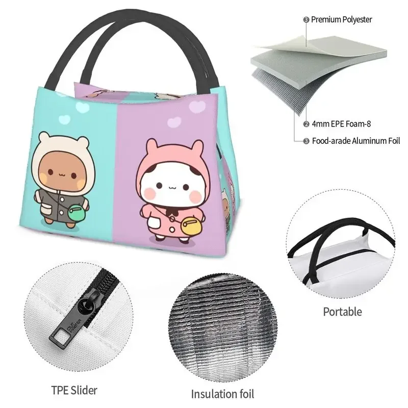 Dudu Bubu Mochi Peach Cat Funny Insulated Lunch Bags Women Resuable Panda Bear Hug Cooler Thermal Bento Box Office Picnic Travel