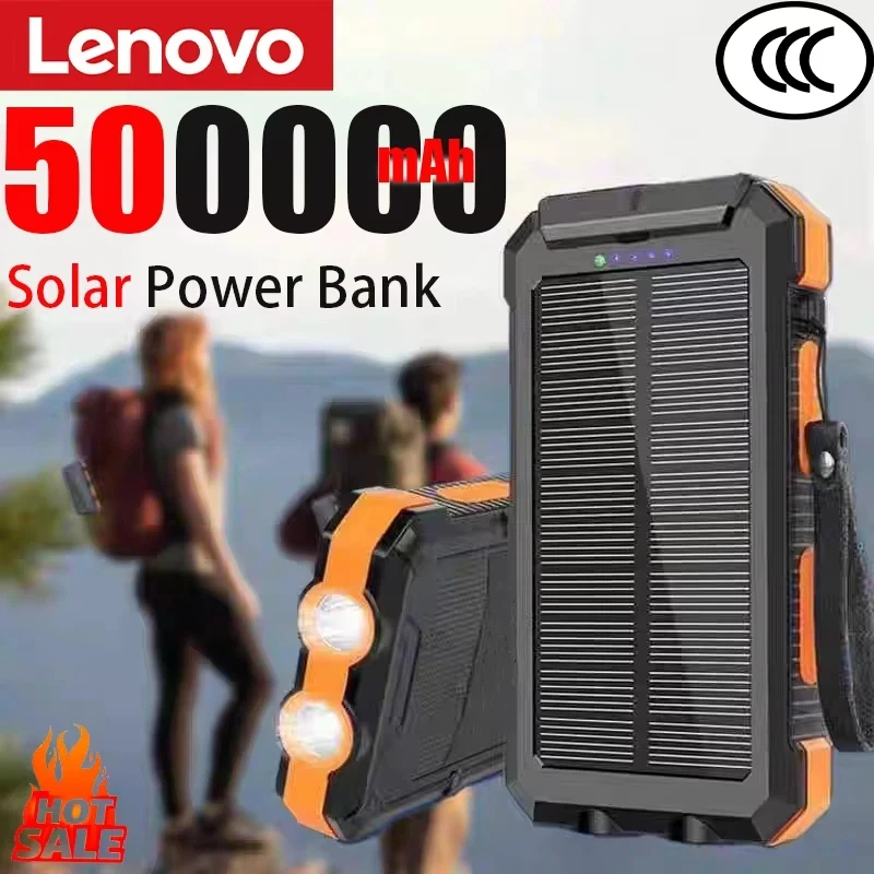 

Солнечный Power Bank Lenovo 500000 мАч, большая емкость, сверхбыстрая зарядка, с LED-фонариком для iPhone, Huawei, Samsung, новинка 2026 года