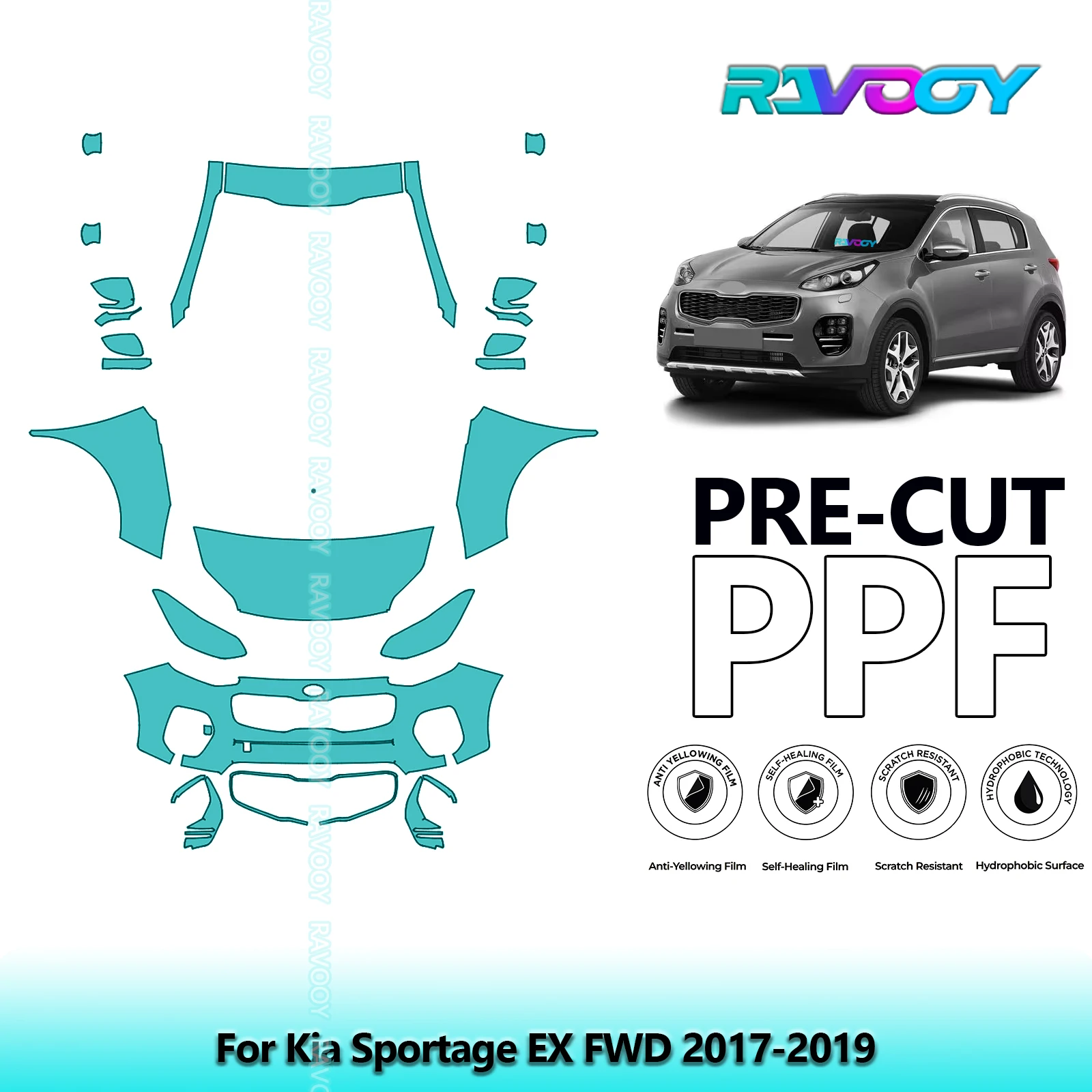 8.5Mil Precut Paint Protection Film PPF Clear Bra Front Kit For Kia Sportage EX FWD 2017-2019