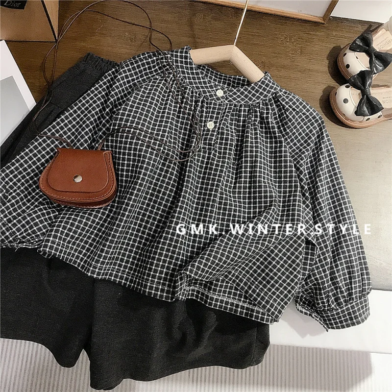 Girls' Long Sleeve Shirt Plaid Stand Collar Doll Shirt Top Autumn Loose Woolen Straight Pants Children