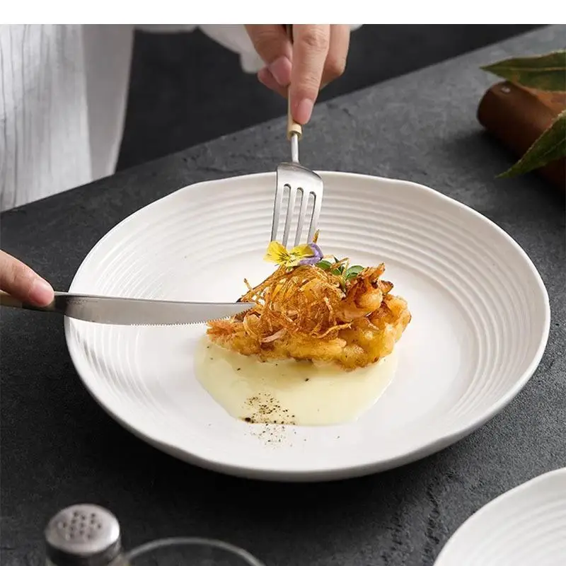 Ceramic Pure White Horizontal Pattern Deep Plate Restaurant Salad Pasta Soup Plates Dessert Dish Specialty Tableware