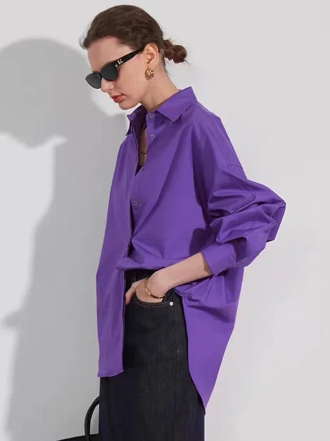 New Orange Oversize Cotton Shirt for Women Summer Candy Color Basic Button Down Blouses for Women Fashion 2024 Long Sleeve Tops