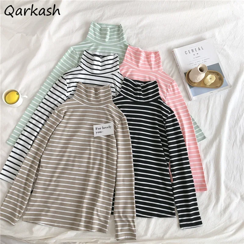 T-shirts Women Ulzzang New Turtleneck Striped Classic Retro Female Sweet Simple All-match Streetwear Long Sleeve Basic Футболка