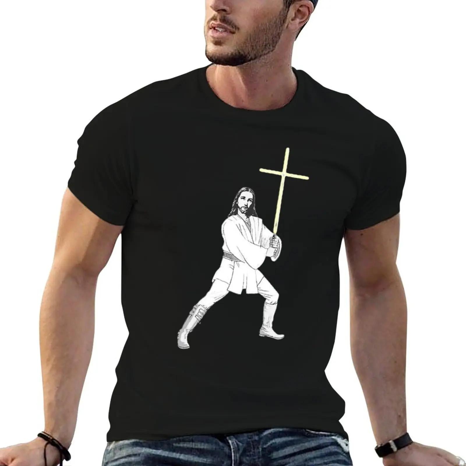 Jesus com espada de energia cruzada camiseta gráfica para homem camisetas para homem gráfico vintage camiseta