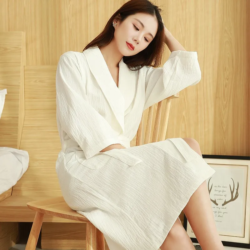 Female Kimono Bathrobe Sleepwear Solid Sauna Costume Women Sweatshirt Robe 100% Cotton 2 Layer Gauze Quick-drying Hotel Spa Robe