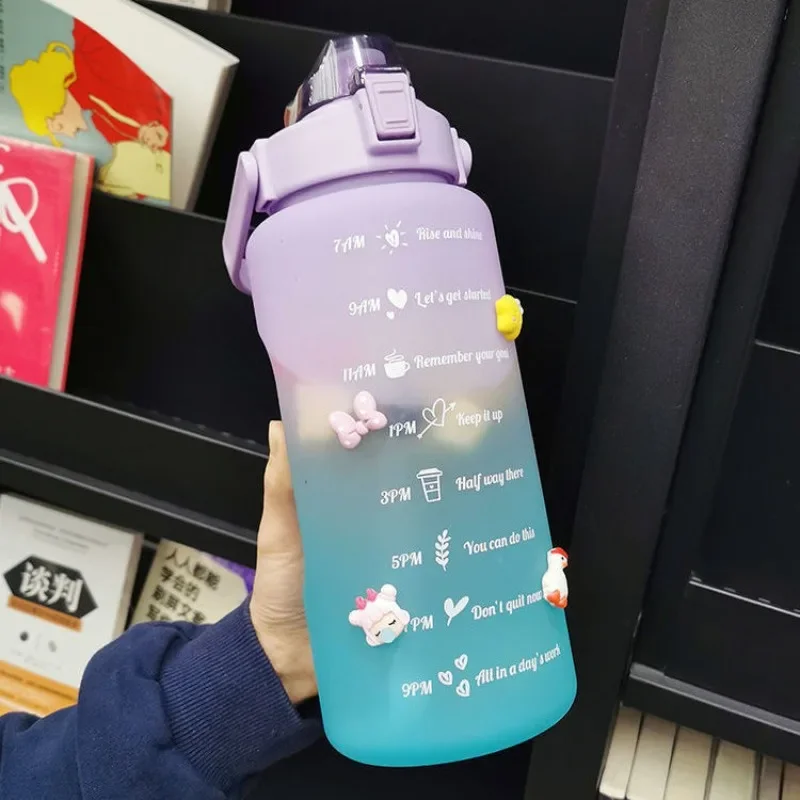 

2L Large Capacity Water Bottle With Bounce Cover Time Scale Reminder Frosted Cup With Cute Stickers For Outdoor Sports Fitness