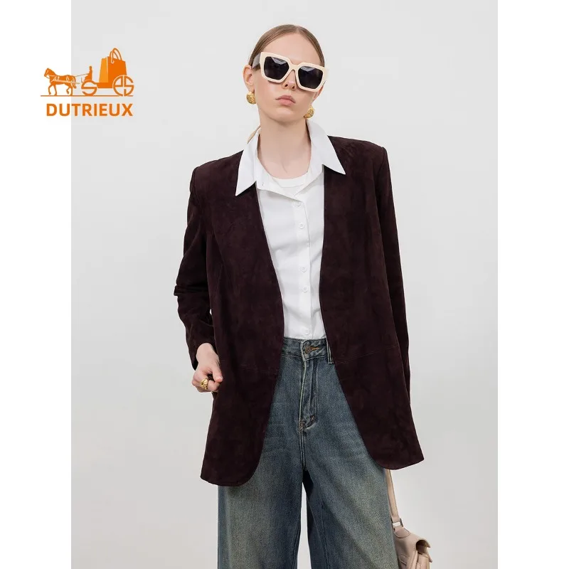 Giacca in vera pelle con scollo a V in pelle scamosciata da donna nuova autunno, vera pelle di pecora al 100%, cappotto da donna slim fit elegante e alla moda