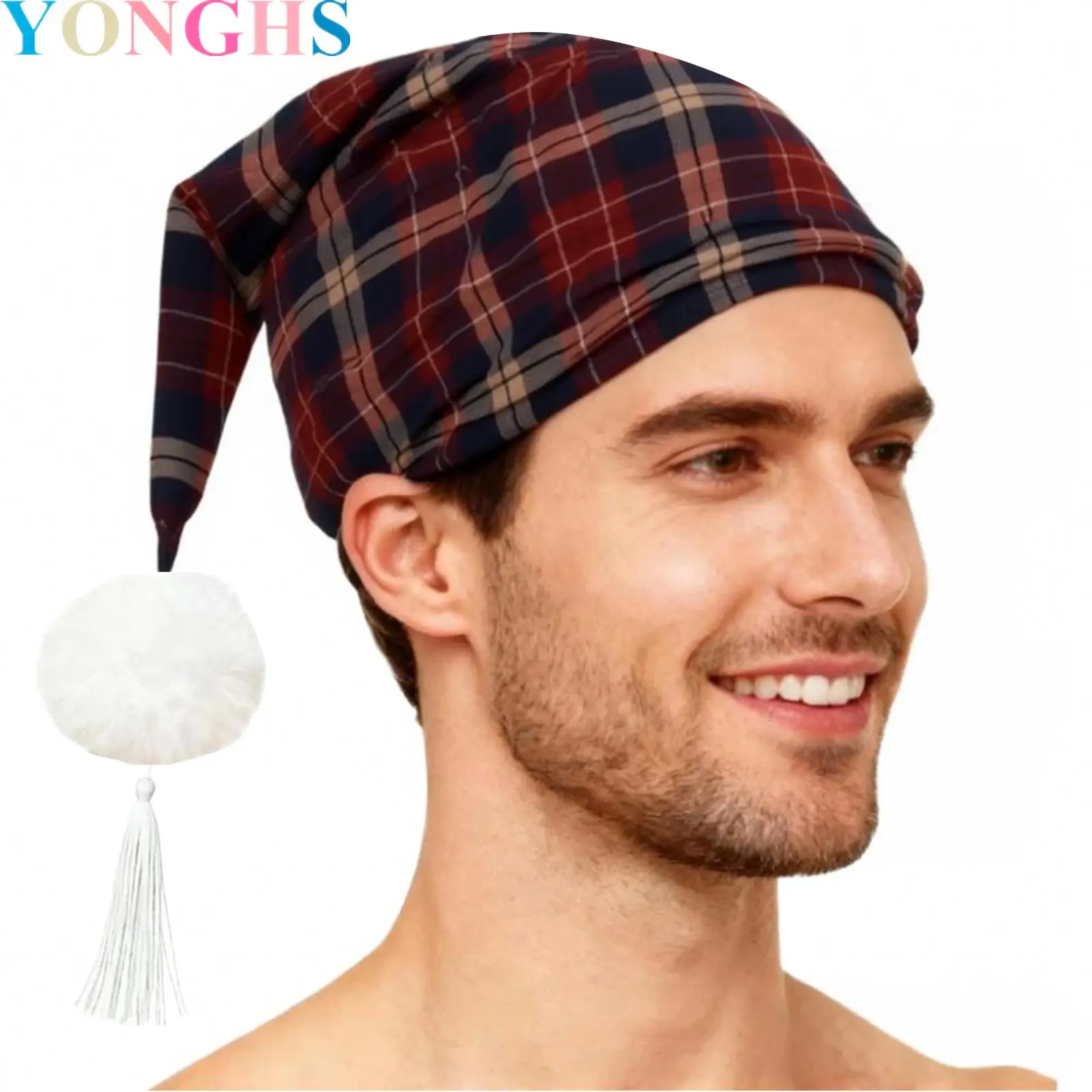 Men Plaid Sleeping Hat Night Stocking Adjustable Cap Hat with Pom Ball And Tassel for Christmas Daily Nightwear Sleepwear