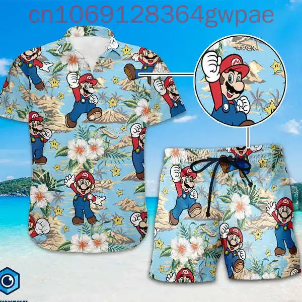 Super Mario Princess Peach Hawaiian Shirt Shorts Set Summer Men's Women's Casual Short Sleeve Beach Shirt Shorts Two-Piece Set