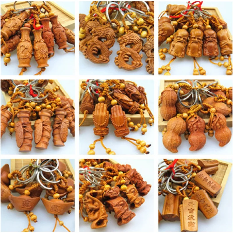 10pc set Mahogany Keychain Carved Blessing Card Benwanli Peach Wood  Lucky Bag Peach Wood Car Key Pendant Gift Wholesale