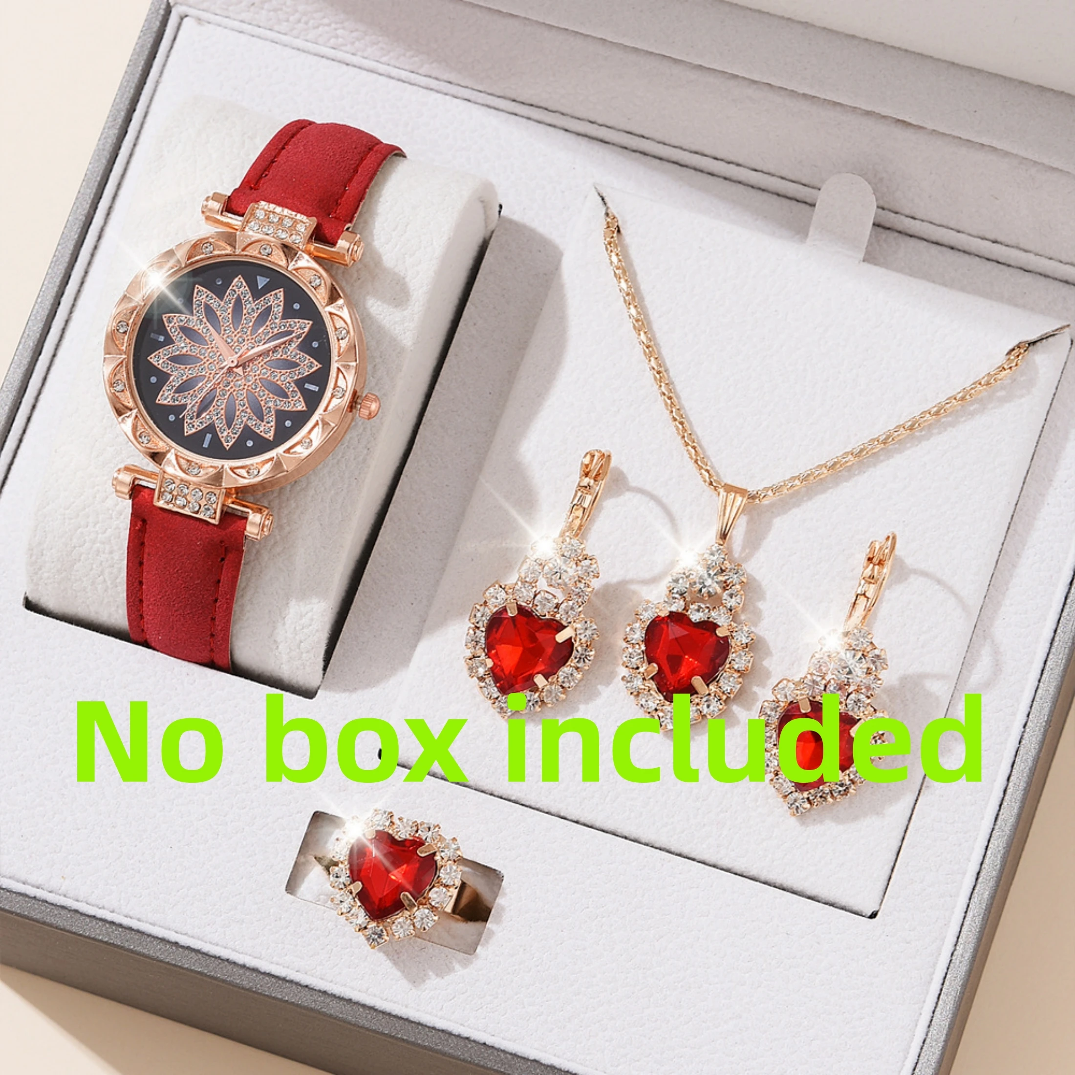 5pcs/set Women's Watch Set 1pcs Red Crystal Quartz Women's Watch 1pcs Necklace 1pcs Ring 2pcs Earrings Fashionable Elegant A4354