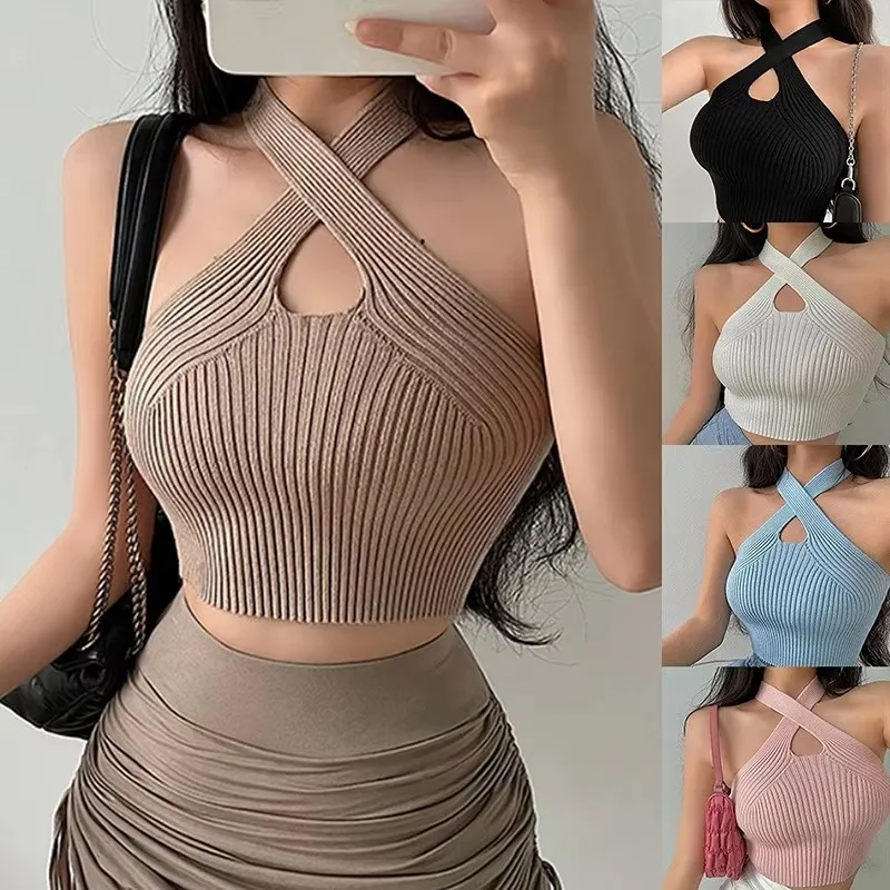 

Sexy Cross Vest Crop Tops Women Sports T-shirt Knitted Off Shoulder V-Neck Solid Backless Tank Vest Halter y2k Top Camisole 2023