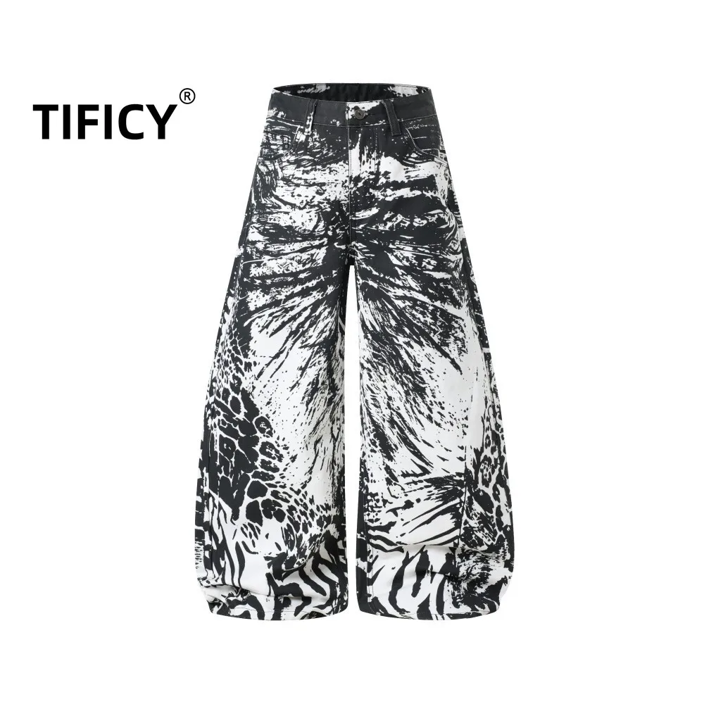 

Higt Street Denim Pants Men's Retro 3D Digital Printed Ink Animal Pattern Wide Leg Jeans Street Loose Floor Pants