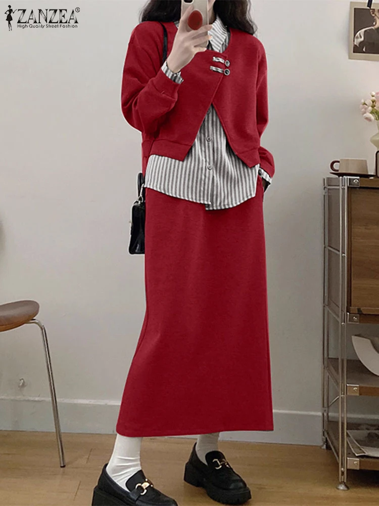 

ZANZEA Korean Style Fake-Two-Pieces Tops Outfit Women's Street Fashion Elegant Casual 2-Pieces Skirt Sets Midi Skirts 2pcs Suits