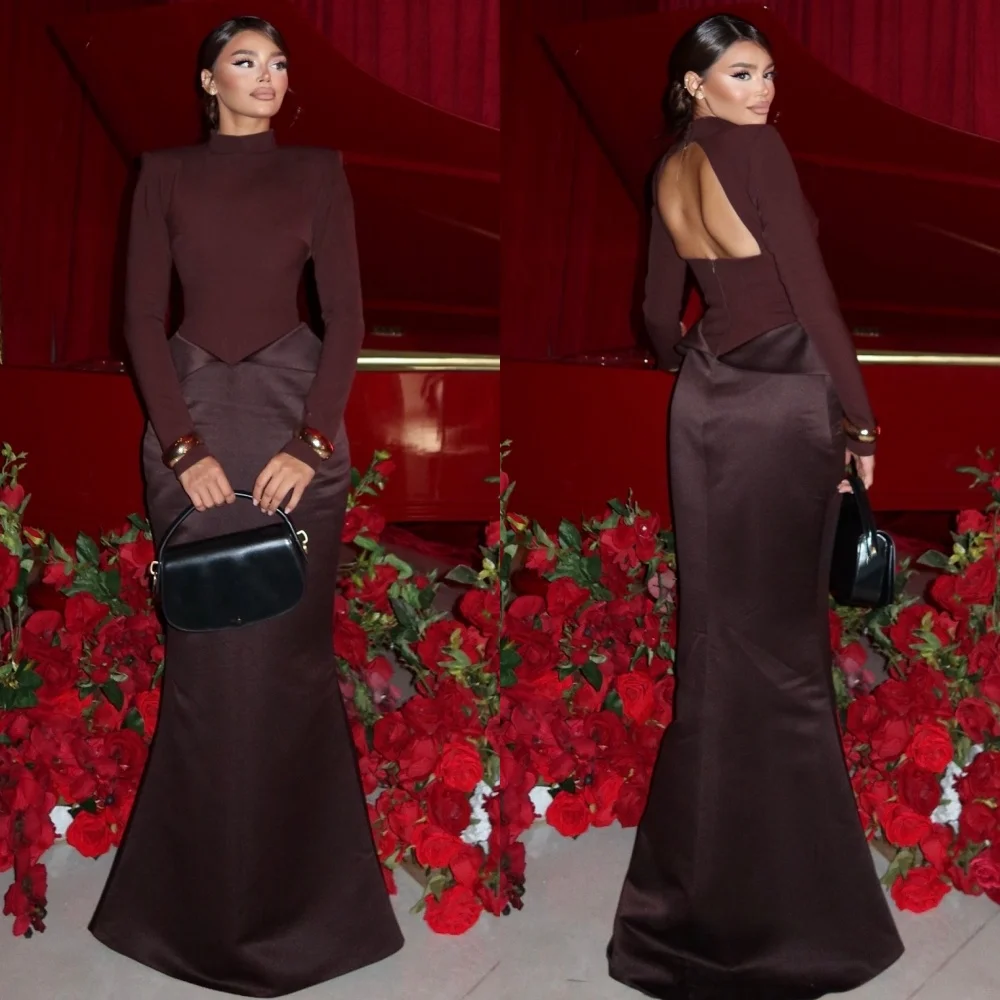 

Customized Matching Simple Charmeuse Ruched Pleat Mermaid High Collar Long Dresses Bespoke Occasion Dresses Sizes Available Sexy